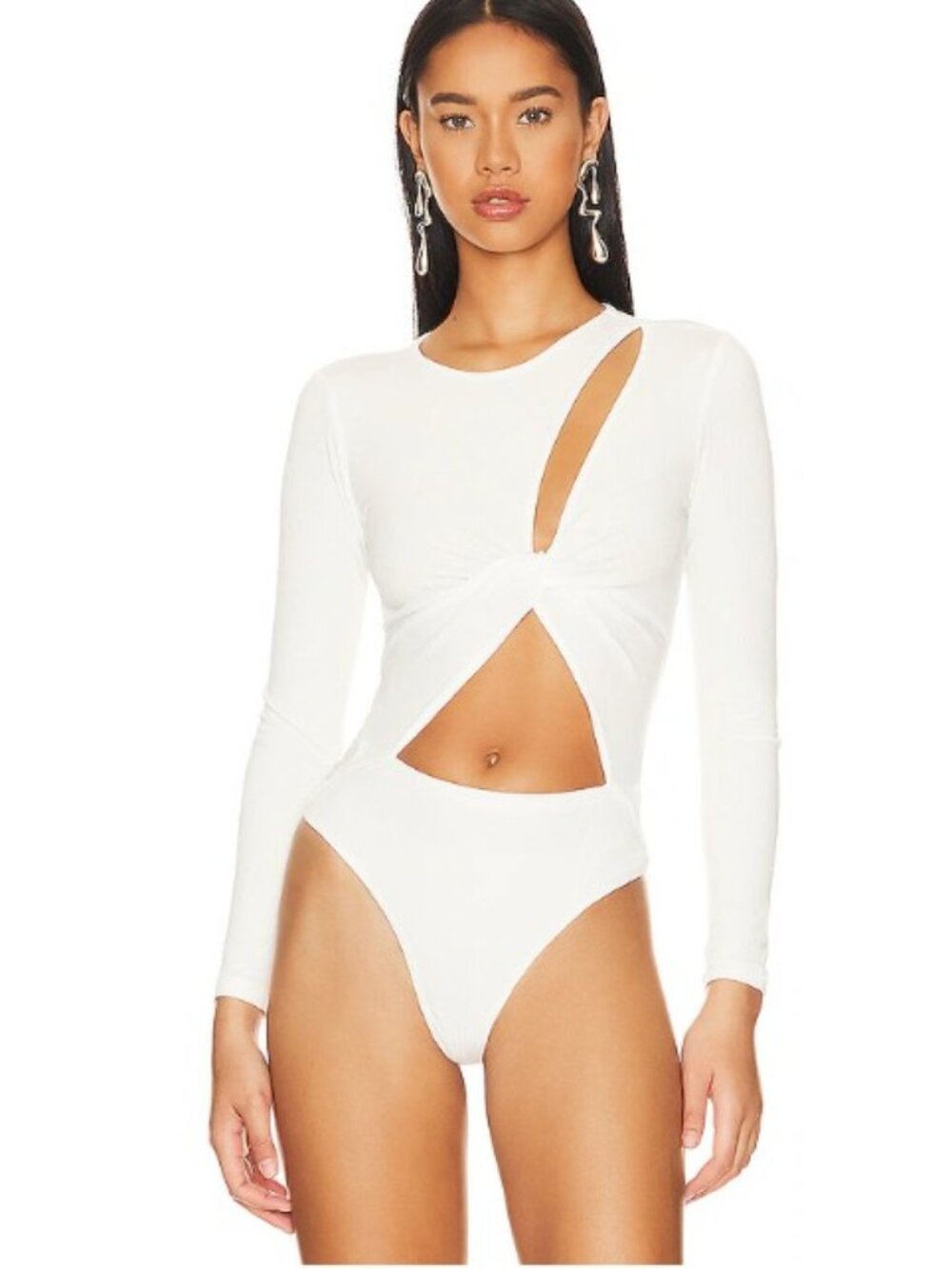 Astr White Long Sleeve Cutout Bodysuit
